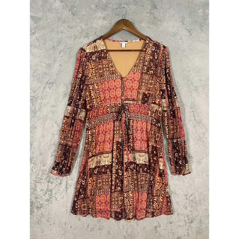 Cato Dress‎ Sz L Brown Pink Floral Patchwork Mesh V-Neck Peasant Boho 70s Style